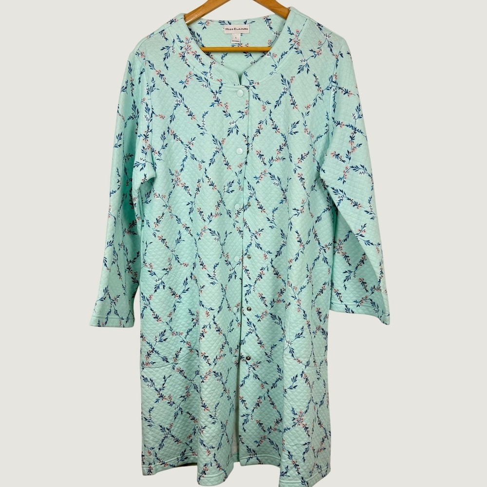 Miss Elaine Quilted Snap Front Robe Housecoat Womens Large Mint Floral